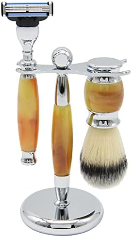 Union Razors SS1 Three Piece Shave Kit, Tiger Eye with Razor, Shaving Brush and Stand, Brown