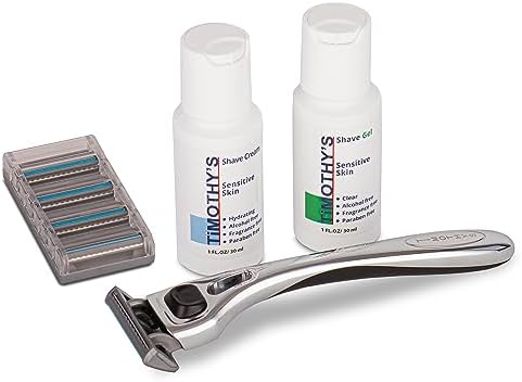 Timothy's Shaving starter kit with one precision re-useable handle, four cartridges, a one bottle of concentrated shave cream, a one ounce bottle of concentrated shave gel, one travel guard for razor
