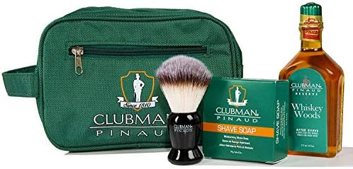 Clubman pinaud shave essentials set, dopp kit with whiskey woods after shave, shave soap, and shave brush