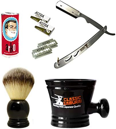 Classic Samurai Men's Shaving Set with Stainless Steel Professional Barber Straight Razor Shavette, 10 Astra Blades, Synthetic Shaving Brush, Arko Soap & Porcelain Mug (Silver Metal Gift Set)