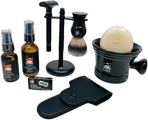 G.B.S Men's Shaving Set, Short Handle Heavy-duty Rubber Coated DE Razor and Mug, Natural Soap, Blades, Shaving Brush and Razor Stand After Shave Balm Pre-Shave Oil