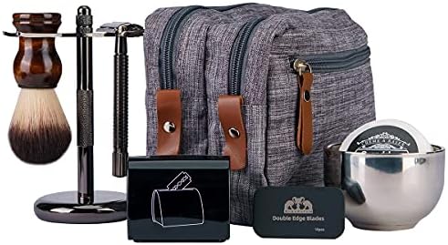 Grandslam Shaving Kit for Men, Safety Razor with 10 Blades, Shaving Brush, Stand and Soap Cream, Stainless Steel Bowl, Canvas & Leather Dopp Kit Gift Set