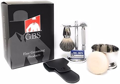 G.B.S Stylish Shaving Set, Tall Heavy Duty Knurled Slant Razor, Chrome Shaving Bowl, Natural Shaving Soap, Razor Case, Brush and Razor Stand, 10 Blades