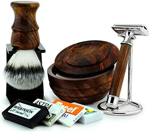 5 Pcs Wooden Made Men's Shaving Gift Kit Classic Wet Shave Safety Razor, Synthetic Brush Free Blades|Light Handle|Easy blade