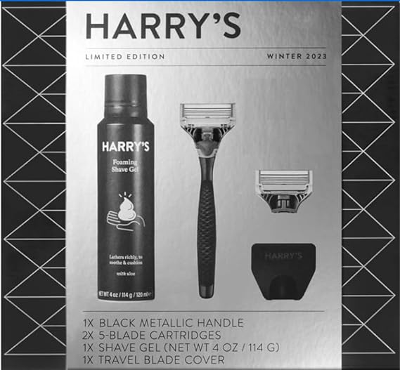 Harry's Holiday Gift Set for Men: Harry's Holiday Black Metallic Handle + 2ct Razor Blade Cartridges + Travel Blade Cover + 1 Foaming Shave Gel with Taha Sticker
