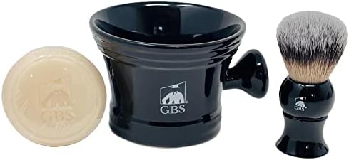 G.B.S Men's Wet Shaving Black Set - Pack of 3 Piece- Synthetic Hair Shaving Brush, Ceramic Mug and 97% All Natural Shaving Soap Compliments for any Shaving Razor