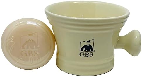 G.B.S Heavy Duty Ceramic Ivory Shaving Mug with Knob Handle and Natural Soap