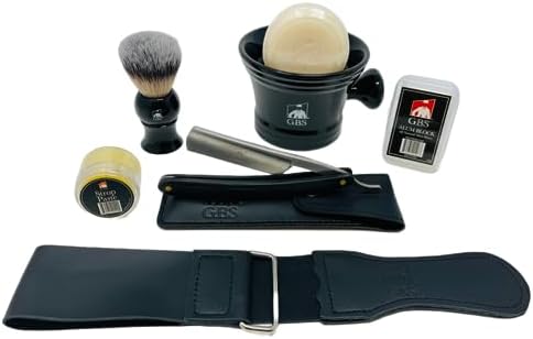 G.B.S Men's Shaving Set- Deluxe Straight Razor 6/8in Carbon Steel Razor, Shaving Mug, Synthetic Bristles Brush, Shaving Soap Razor Case, Alum Block and Strop