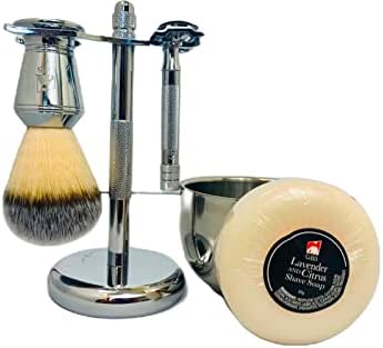 G.B.S Men's Shaving Set Short Handle Safety Razor, Shaving Brush, Chrome Dual Stand for Razor and Brush, Shaving Bowl, Shave Soap, Sandalwood Aftershave Balm, Pre-Shave Oil