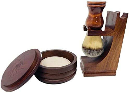 G.B.S Men's Wood Shaving Bowl and Shave Brush with Stand Set Christmas Gift for Men Stocking Stuffer Grooming Kit