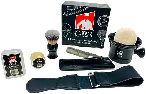 G.B.S Black Luxury Shaving Kit - Wood Straight Razor, Mug, Natural Soap, Brush, Alum block, Strop and Paste Grooming Kit, Black