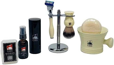 G.B.S Men's Shaving Set Five Blade Razor, Synthetic Brush and Razor Dual Stand, Ivory Shaving Mug with G.B.S Shave Soap Alum Block Travel Brush Tube and Pre Shave Oil