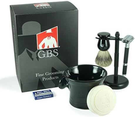 G.B.S Men's Shaving Set- Butterfly Open Double Edge Razor, Shave Brush with dual stand, Shaving Mug with Knob Handle, Natural Shave Soap, 10 Replacement Razor Blades