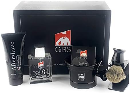 G.B.S Men’s Wet Grooming Shaving Set, Gift Boxed-Ceramic Black Shaving Mug with Knob Handle, Shaving Brush, Stand and Sandalwood Aftershave, Black