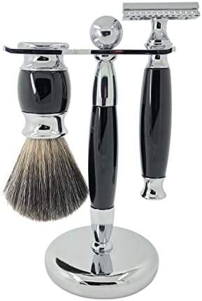 CSB Shaving Set for Men - Badger Hair Shaving Brush,Double Edge Safety Razor,Zinc Alloy Razor Head with 10 Blades (Black)