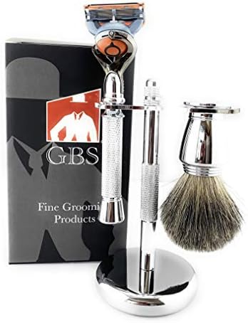 G.B.S Chrome Shaving Set for Men 5 Blade Chrome Razor- Flex ball Handle Razor with Flex ball Pivot Ball technology, Shaving Brush, Chrome Razor Stand Grooming Set 3 PCS