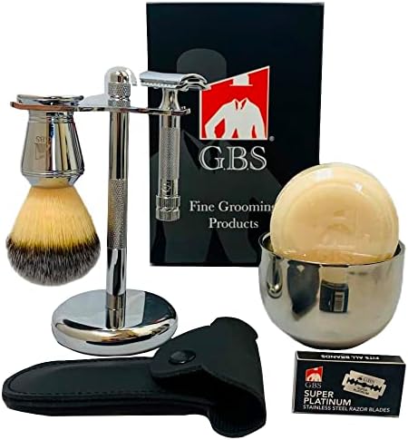 G.B.S Men's Shaving Set- MK34 Double Edge Safety Razor, Bristle Hair Brush, Dual stand, Chrome Shaving Bowl, Natural shave Soap, Leather Razor Case and 10 Blades