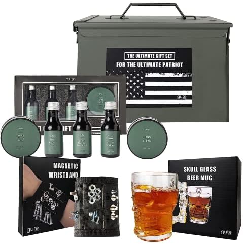 Gifts for Men & Dad, Valentines Day Gift, Box Real 50 Cal Ammo Set - Fathers Day Grooming & Shaving Set Perfect Gifts Ideas for Him - Military Storage Container, Skull Beer Mug Shave, Wash, Body Care