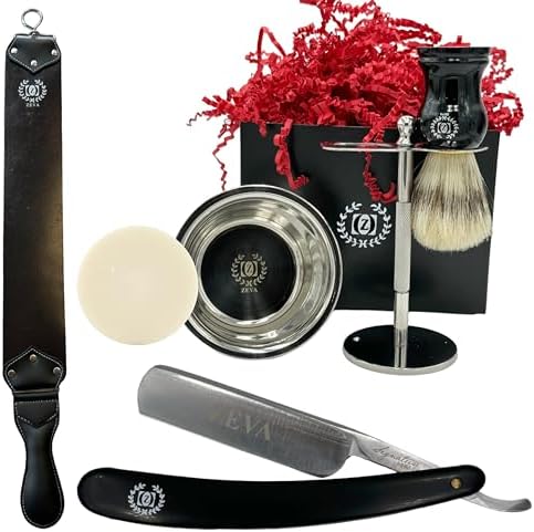Zeva Straight Razor Kit with Strop Men Shaving Gift Set Shave Ready 5/8 High Carbon Steel Soap Bowl Drip Stand 100% Natural Bristle Shaving Brush