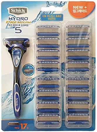 Schick Newly Improved Hydro Premium 5 Men's 5 Blade Razor Set with 1 Handle and 17 Blades Equipped with Moisture Gel Reservoir - 40% decrease of Skin Irritation - Good for Wet Shaving