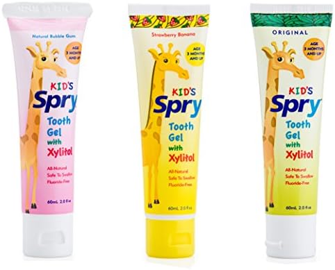 Spry Xylitol Baby Toothpaste, Natural Toddler Toothpaste, Fluoride Free Toothpaste, Xylitol Toothpaste for Kids Age 3 Months and Up, Strawberry Banana, Bubblegum, Original, 2 Fl Oz (Pack of 3)